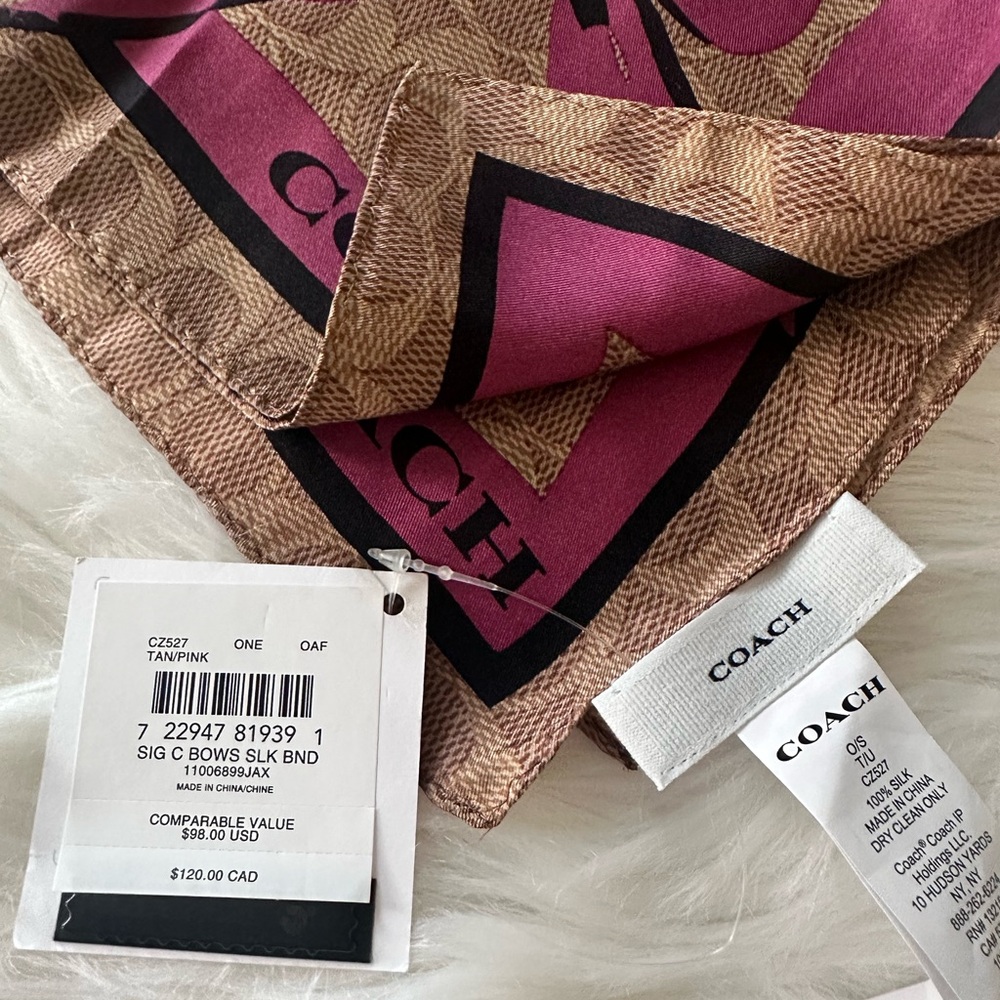 Coach Signature Pink Bow Print Silk Bandana / Scarf - Picture 4 of 4